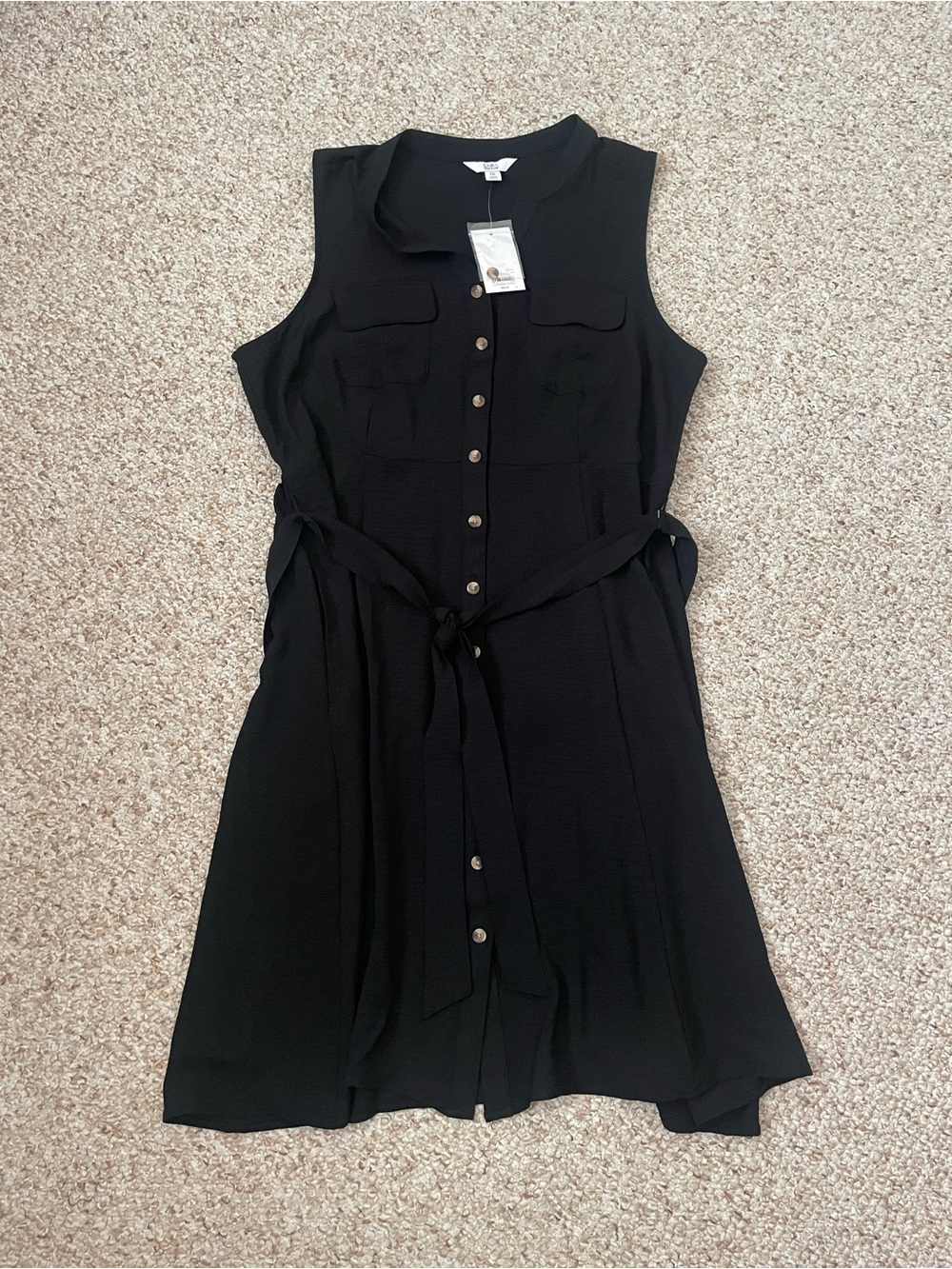 Croft & Barrow Black Sleeveless Button-Front Midi Shirt Dress with Tie